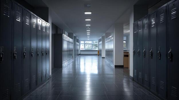 School Hallway with Lockers An Empty, Moody Educational Space for Diverse Commercial Use photo