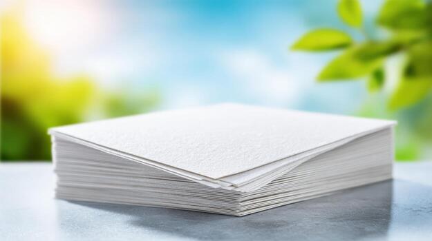 Stack of White Paper Sheets Against Blurred Nature Background for Office or Business Use photo