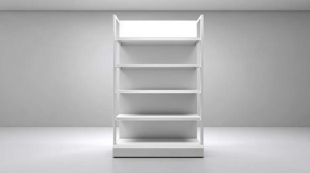 Empty White Retail Display Shelf Rack in a Minimalist Setting for Product Placement photo
