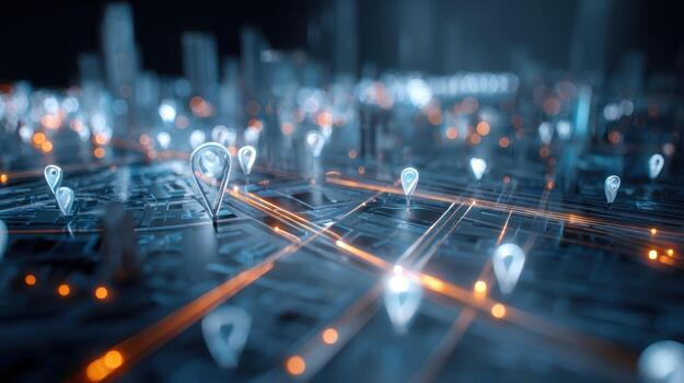 Abstract Cityscape with Location Markers, Modern Urban Planning and Navigation Technology, Futuristic Design photo