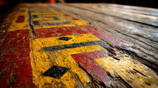 de cerca de de madera superficie con afligido, pintado geométrico modelo en amarillo, rojo, y negro foto
