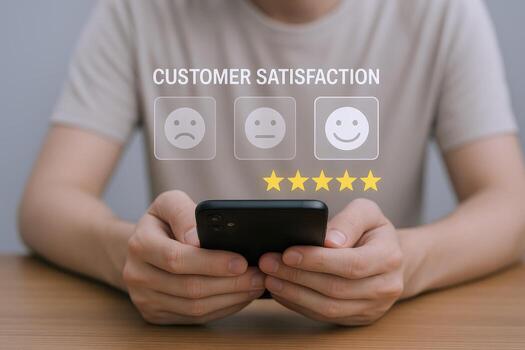 Customer Feedback Analysis Man Evaluating Service Satisfaction with Mobile Device and Digital Interface, Highlighting Business Performance photo