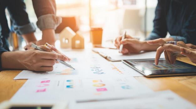 Business Team Brainstorming Financial Strategy with Charts and Tablet, Analyzing Data for Future Investment photo