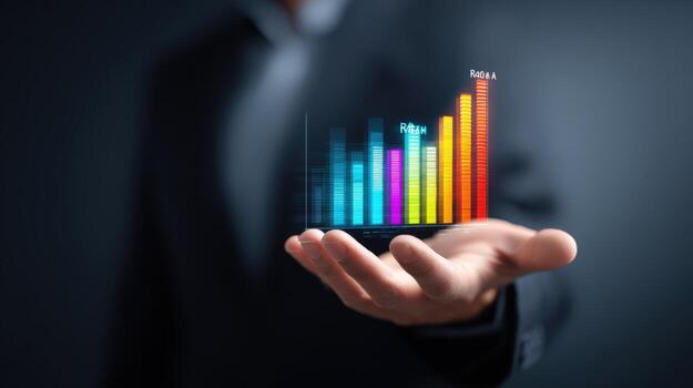 persona participación holográfico negocio gráfico mostrando crecimiento y Progreso hacia metas en tecnología y innovación foto