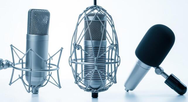Studio Microphones Arrayed Against White Backdrop, Used for Podcasting and Recording Industry Applications photo