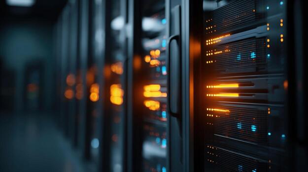 Data center servers with glowing LED lights, showcasing information technology and cloud computing infrastructure photo