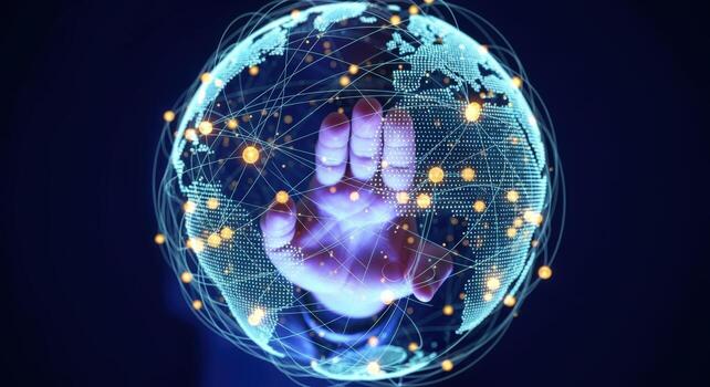 Global Network Connection Hand Touching World Map Representing International Communication, Technology, and Business Connectivity Solutions photo