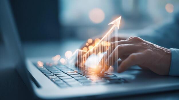 Analyzing Financial Data Online Man Typing on Laptop with Arrow Chart Overlay, Business Growth Concept photo