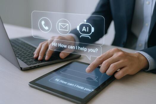 AI Chatbot Interface on Tablet Business Professional Interacting with Virtual Assistant Technology photo