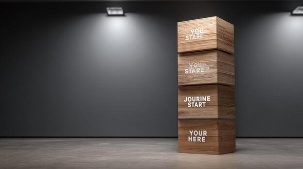 Stack of Wooden Blocks with Motivational Messages for Business Growth and Personal Development in Dark Environment photo
