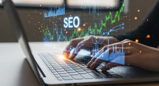 SEO Strategy Visualization Hands on Laptop with Data Analysis and Optimization Graphics Overlay photo