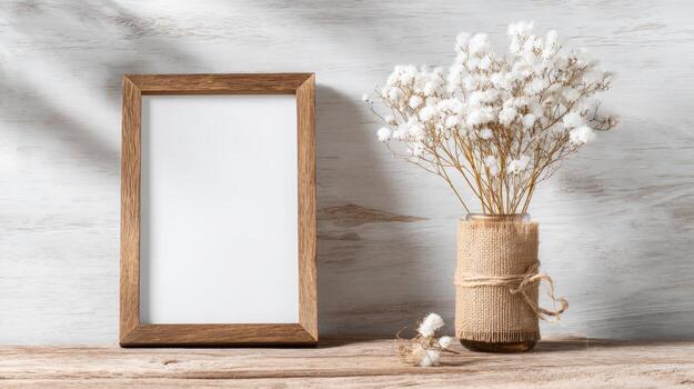 Rustic Frame Mockup with Dried Flowers in Burlap Vase on a Wooden Surface photo