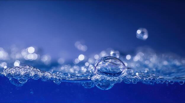 Close-Up of Bubbles Floating on Liquid Surface with Blue Background, Perfect for Abstract Science photo