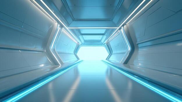 Futuristic illuminated corridor showcasing geometric design and perspective, evoking science fiction and modern architecture photo