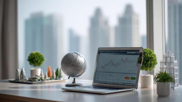 Modern Workspace Featuring Financial Data on Laptop with Cityscape Backdrop in Bright Office Environment photo