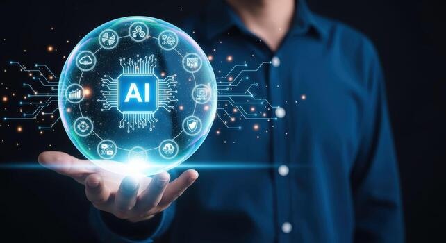 Artificial Intelligence Innovation Man Holding Holographic AI Interface Display with Data Network and Futuristic Technology photo