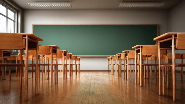 Empty Classroom with Wooden Desks and Chalkboard, Ready for Learning and Education photo