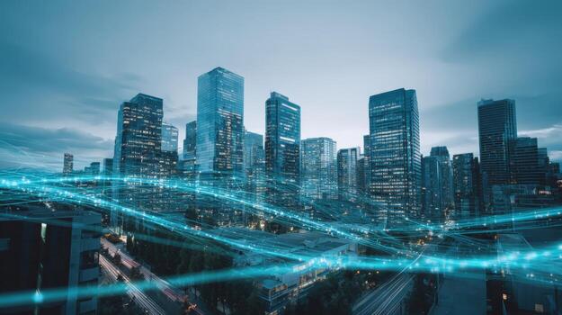 Modern Cityscape with Abstract Data Flow, Representing Technology, Connectivity, and Digital Innovation photo