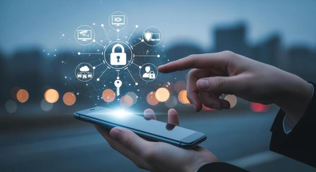 Mobile Security Concept Hand Holding Smartphone with Lock and Cyber Security Icons Overlay, Against Bokeh Background photo