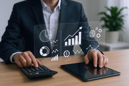Financial Analyst Reviewing Data with Digital Interface, Using Calculator and Tablet in Modern Office photo