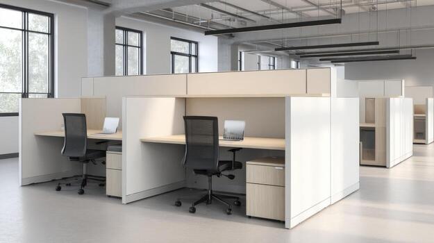 Modern Open Office Interior with Cubicles and Natural Light for Collaborative Workspace Design photo