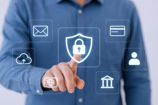 Cybersecurity Shield Interface Man Activating Online Safety Measures for Data Protection and Digital Security photo