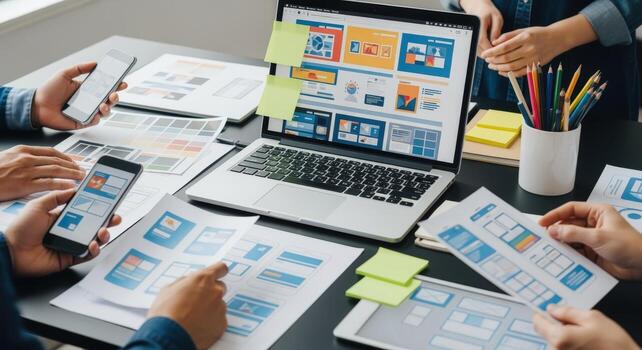 Creative Team Brainstorming User Interface and User Experience Design with Laptop and Mobile Phone Mockups photo