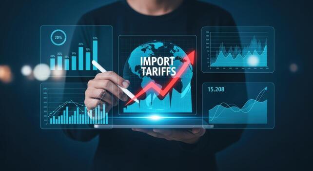 Import Tariffs Analysis Man Using Digital Tablet Analyzing Global Trade Data and Financial Growth Charts for Business Strategy photo