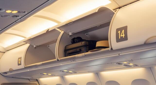Overhead Compartment in Airplane with Luggage Inside, Illustrating Travel Convenience and Efficient Space Utilization photo