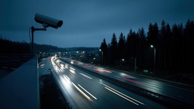 Security Camera Overlooking a Highway at Night, Capturing Motion Blur of Vehicles and Monitoring Transportation photo