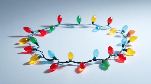 Festive Garland of Multicolored Christmas Lights Arranged in a Circular Pattern on Clean Background photo