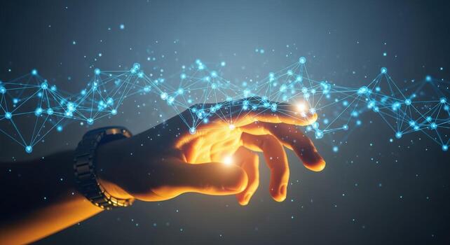 Hand Touching Digital Network Connecting Technology, Communication, and Innovation in a Futuristic Abstract Design photo