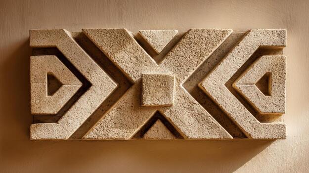 Geometric Stone Carving with Intricate Shapes and Textured Surface, Architectural Element, Beige Tones photo