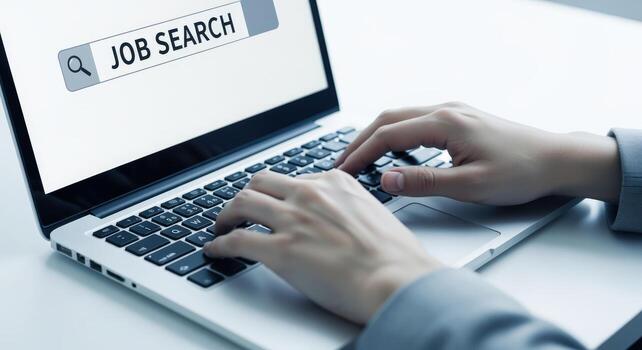 Person Typing on Laptop During Job Search, Close-up of Hands and Computer Screen photo