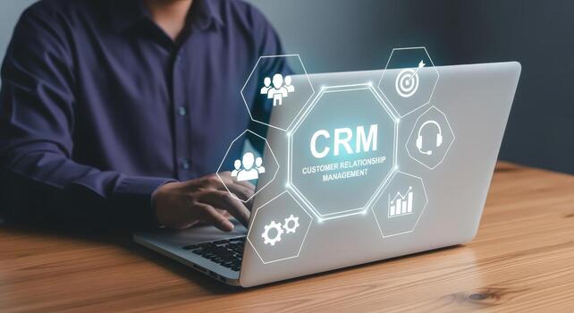 CRM System on Laptop Screen Customer Relationship Management, Marketing, Sales, and Service Optimization Concept photo
