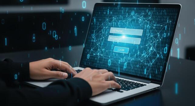 Cybersecurity Login Person Typing on Laptop with Digital Interface for Data Protection and Secure Access photo