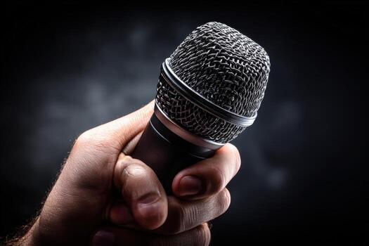 Microphone in Hand Close-Up Professional Audio Equipment for Performance, Recording, and Broadcasting on Dark Background photo