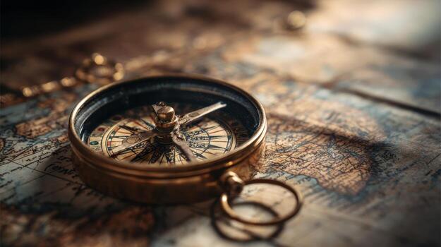 Vintage Compass on Detailed World Map, Concept for Exploration, Travel, and Direction with Soft Focus photo