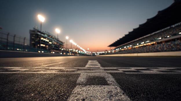 Finish Line Focus Racing Track at Dusk with Stadium and Lights, Representing Victory photo