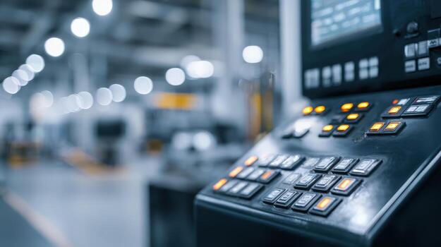 Close-up of control panel in factory, showcasing industrial automation technology and precision manufacturing environment photo