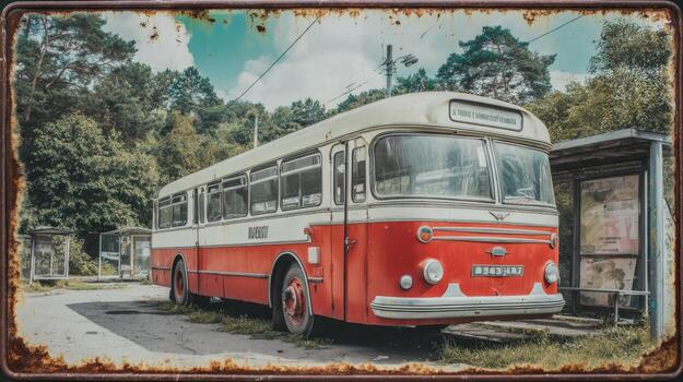 Vintage Bus on Countryside Road Nostalgic Transportation Artwork with Retro Charm and Rustic Frame photo