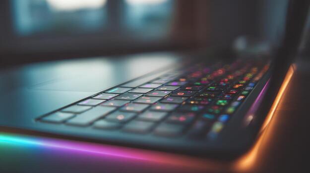 Close-up of Modern Laptop with Illuminated Keyboard Emitting Vibrant Colors in a Dark Environment photo