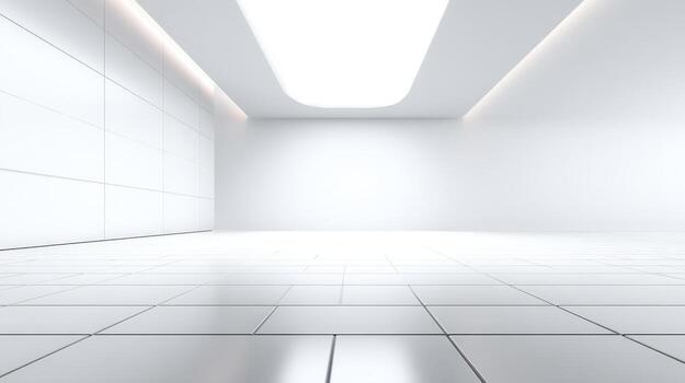 Minimalist White Interior Space with Tiled Floor and Ceiling Lights for Product Display or Showroom photo