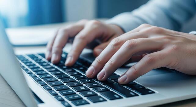Close-up of Hands Typing on a Laptop Keyboard, Emphasizing Productivity and Modern Communication photo