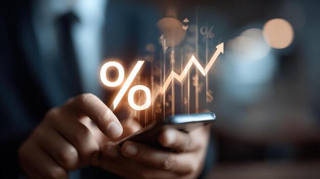 Financial Growth Concept Man Using Smartphone with Rising Percentage and Arrow Graphics Representing Increased Interest photo
