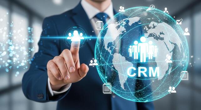 Global CRM Integration Concept Business Professional Interacting with Customer Relationship Management Technology on World Map photo
