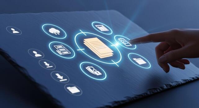 Digital Document Management Concept Finger Interacting with a Touchscreen Display for Information Access photo