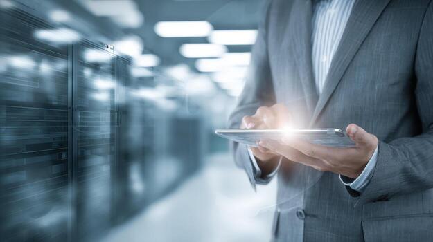 Data Center Specialist Using Tablet for Server Management in Modern Facility, Technology and Business photo