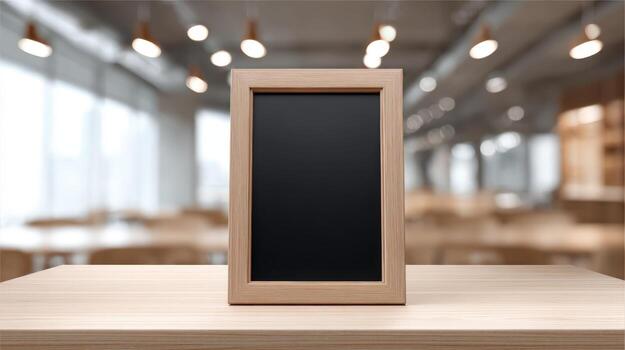 Wooden Frame Mockup on Table in Modern Cafe Interior with Bokeh Lights Background photo