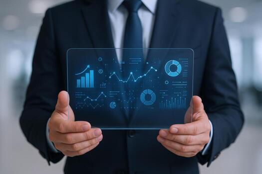 Businessman Analyzing Digital Financial Data, Holding Transparent Interface with Charts and Graphs, Future Technology photo